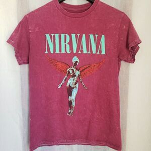 Nirvana Womens T-Shirt  Sz S Genuine Merch Utero Angel Distressed Acid Wash Pink